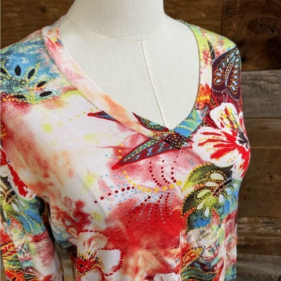 Chico’s Colorful Floral 3/4 Long Sleeve Tee EUC SZ 1 - Picture 5 of 8
